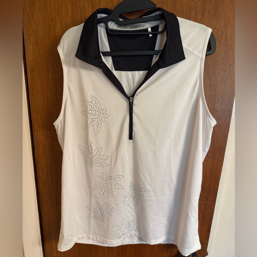 Nancy Lopez Desert Dry size 1X ladies sleeveless golf shirt in white & black